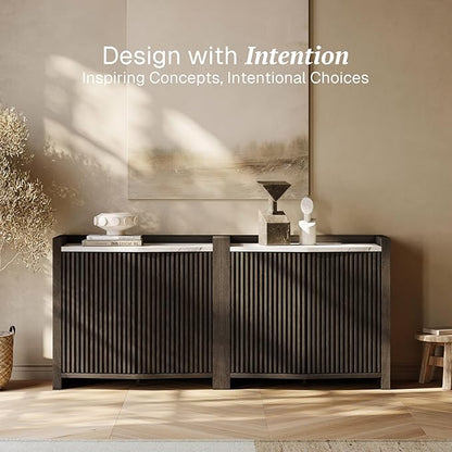 BELLEZE Modular Sideboard Buffet Cabinet with Storage, 35 Inch Modern Credenza with Doors and Adjustable Shelves, Fluted Black Console Table with Faux Marble Panel for Kitchen, Entryway, Dining Room
