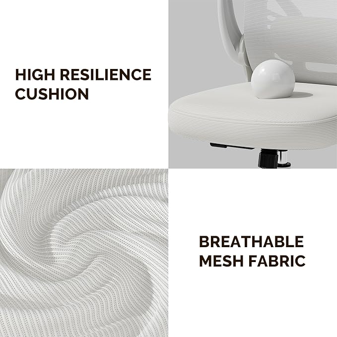 Computer Desk Chair with Wheels, Mesh Office Chair with Flip Up Arms, Adjustable Lumbar Support, Swivel Desk Chair Comfy, White