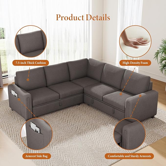 Vesgantti 88.4" Sleeper Sectional Couch with Pull Out Bed, 5 Seater L Shaped Modular Sectional Sofa with Storage, Comfy Corduroy Modular Sofa for Living Room, Bedroom, Apartment, Light Coffee