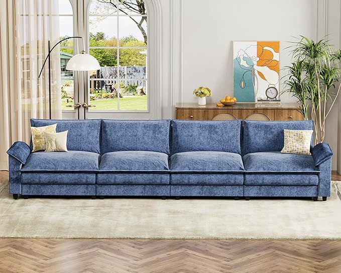 Homall 159" Modular Sectional Sofa, Linear Sofa Couch with Double-Layer Cushion, DIY Combination Chenille Deep 4-Seat Cloud Couch for Living Room, Apartment (Dark Blue, Linear Sofa)