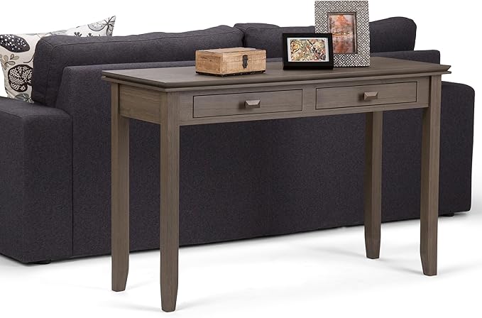 SIMPLIHOME Artisan Console Table - 46 Inch Wide Solid Wood Sofa Table in Farmhouse Grey, Transitional Storage Table for Entryway or Living Room with 2 Drawers and Clean Angle-Edged Top