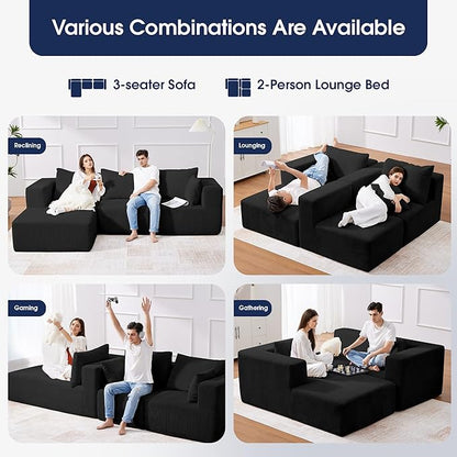 KINGYES 107'' Modular Sectional Sofa, L Shaped Cloud Couch for Living Room, Modern Boneless Sofa with Chaise for Bedroom, Black