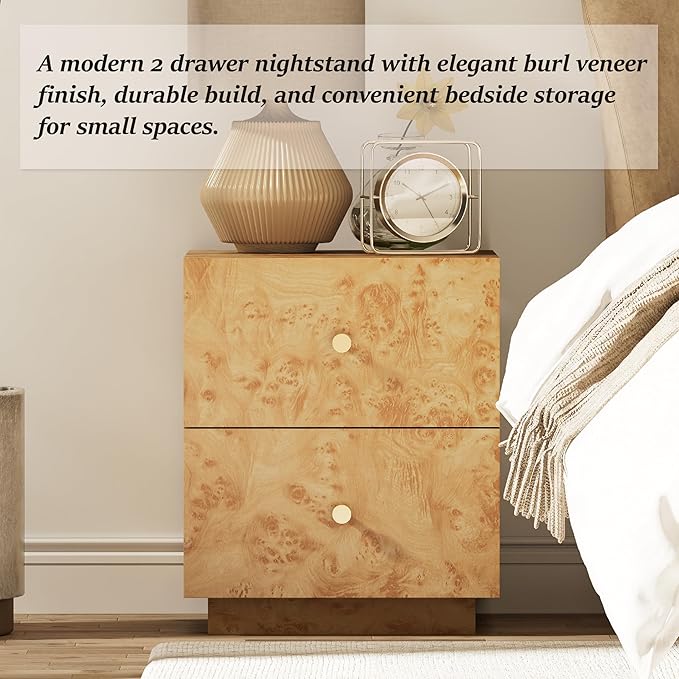 Modern 2 Drawer Nightstand Set of 2 with Elegant Burl Finish, Wood Bedside Table with Storage, Stylish Accent Side Table for Bedroom, Home Décor and Small Space Furniture