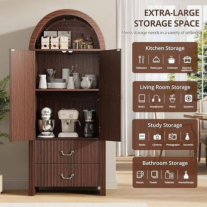 FURSUN 71" Tall Fluted Arched Bookshelf with Doors, Wood Pantry Storage Cabinet with 2 Large Drawers, Modern Versatile Bookcase for Living Room, Kitchen, Dining(Dark Walnut)