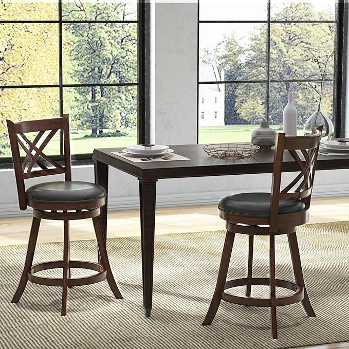 COSTWAY Bar Stool Set of 2 for Kitchen Island, Swivel Upholstered Counter Height Barstools with PU Surface, Rubber Wood Frame, 360° Rotatable Seat, Curved Back, Sturdy Footrest (2, 24" Seat Height)