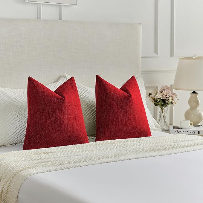 FUTEI Christmas Red Chenille Decorative Throw Pillow Covers 26x26 Inch Set of 2,Soft Cozy Faux Linen Textured Euro Pillow Shams,Farmhouse Home Decor for Couch Living Room