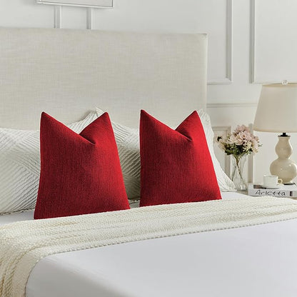 FUTEI Christmas Red Chenille Decorative Throw Pillow Covers 26x26 Inch Set of 2,Soft Cozy Faux Linen Textured Euro Pillow Shams,Farmhouse Home Decor for Couch Living Room