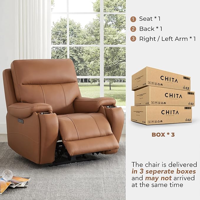 CHITA Large Power Zero Gravity Recliner Chair, Genuine Leather Recliner Chair for Adults with Adjustable Power Headrest and Hidden Slide-Out Cupholders, USB and Type-C Ports, Saddle