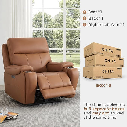 CHITA Large Power Zero Gravity Recliner Chair, Genuine Leather Recliner Chair for Adults with Adjustable Power Headrest and Hidden Slide-Out Cupholders, USB and Type-C Ports, Saddle