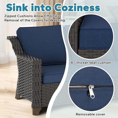 Patio 2 Pieces Wicker Chairs Set of 2，Outdoor PE Rattan Armchairs, Water-Resistant Cushions with Removable and Washable Covers, Porch, Balcony, Sunroom (Navy Blue)