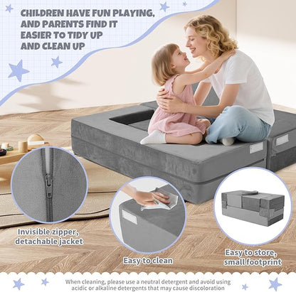 5 Pcs Modular Kids Play Couch, Toddler Couches That Fold Out, Plush Foam Chair for Children’s Playroom, Velvet Fabric Convertible Foam and Floor Cushion for Boys and Girls (Dark Gray,02)
