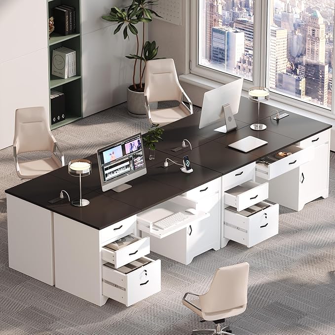 Bestier 59” Office Desk with Lockable Drawers, Modern Computer Desk with File Drawer, Charging Station & Drop-Front Keyboard Drawer, Executive Desk with Storage Cabinet for Home Office & Studio, White