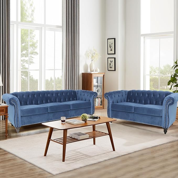 Velvet Loveseat Sofa, Mid Century Modern Upholstered Couch, 62" Oversized Comfy 2 Seater Love Seat Couch with Cushions, Tufted Chesterfield Sofa for Living Room, Bedroom, Apartment (Blue)