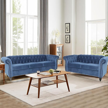 Velvet Loveseat Sofa, Mid Century Modern Upholstered Couch, 62" Oversized Comfy 2 Seater Love Seat Couch with Cushions, Tufted Chesterfield Sofa for Living Room, Bedroom, Apartment (Blue)