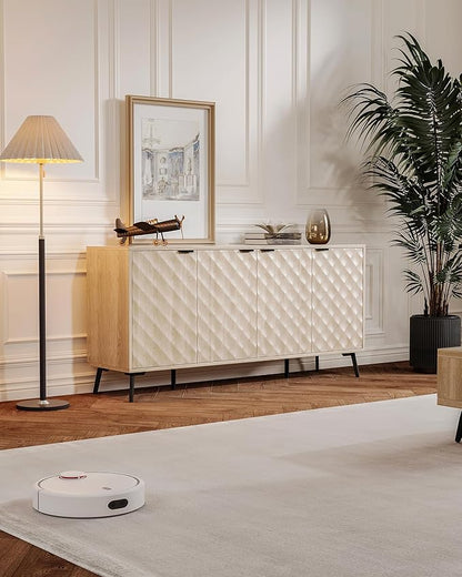Mid-Century Modern Sideboard Cabinet, 63” Buffet with Storage, Diamond-Textured Credenza with 4 Doors, Multifunctional Accent Cabinet for Kitchen, Dining Room, Living Room (Natural Oak)