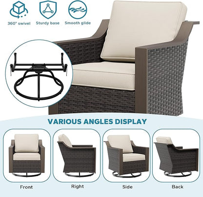 3 Pieces Outdoor Patio Conversation Furniture Set - 75" 3-Seat Sofa | 2 Swivel Glider Rocker Chairs | Wicker End Table, Metal Wicker Couch, Deck (Beige and Brown Stripe)