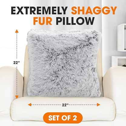 Cheer Collection Throw Pillows for Couch and Bed, Soft Shaggy Throw Pillows with Inserts Included, Cozy Long Hair Faux Fur Pillows - Set of 2-22" x 22" Gray