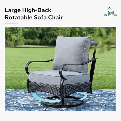 MFSTUDIO 5 PCS Outdoor Patio Furniture Set, Metal Outdoor Conversation Set, Rattan Wicker Patio Sectional Sofa Set with 2 x Swivel Single Sofa, 2-Seat and 3-Seat Sofa, 1 x Coffee Table, Grey