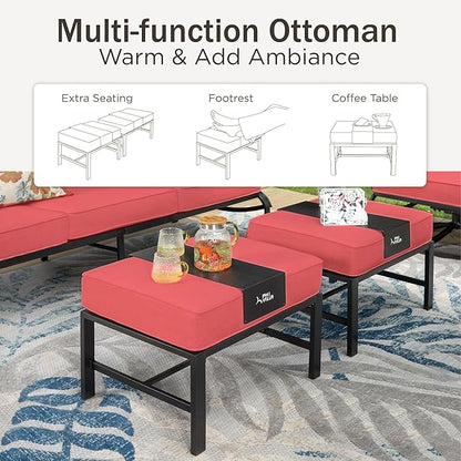PHI VILLA Patio Furniture with 1 x 45 Metal FirePit Table, 1 x 3-Seat Wide Deep Seating Bench, 2 x Swivel Sofa Chairs & 2 Ottomans, 5.75" Thick Cushioned Outdoor Conversation Set for 5,Red