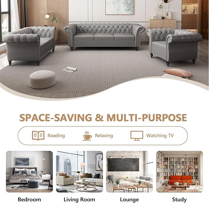 Accent Sofa Chair for Living Room, Modern PU Leather Upholstered Armchair, Oversized Comfy Single Sofa Chair with Cushion, Mid Century Tufted Chesterfield Sofa Couch for Bedroom, Apartment (Grey)