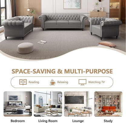 Loveseat Sofa Couch, Modern PU Leather Upholstered Sofa, Oversized Comfy 2 Seater Love Seat Couch with Cushions, Mid Century Tufted Chesterfield Sofa for Living Room, Bedroom, Apartment (Grey)