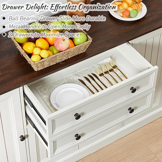 Farmhouse 58" Buffet Cabinet with Storage, 34" Tall Coffee Bar Cabinet w/2 Large Drawers & 4 Grooved Barn Doors, Wood Rustic Sideboard Buffet Cabinet for Dinning Room, Kitchen, Living Room,White
