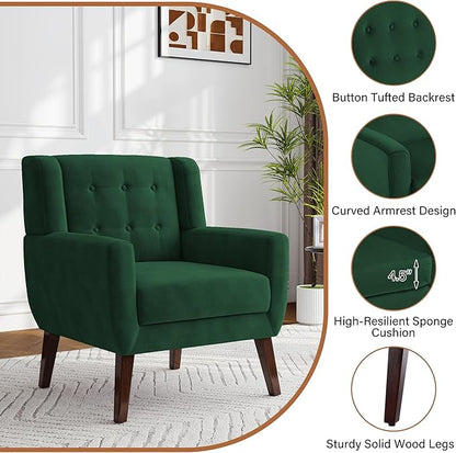 Lumibee Accent Chair, Modern Velevet Armchair for Living Room, Comfy Upholstered Arm Chair Tufted for Indoor Bedroom Office Room (Retro Green Velvet)