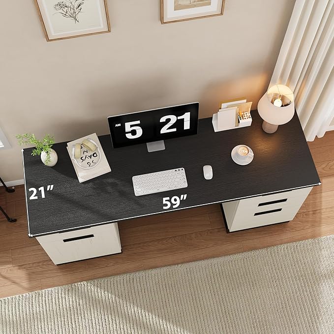 IDEALHOUSE Farmhouse Executive Desk, 59" Computer Desk, White Home Office Desks with File Drawer and Storage Cabinet, Wood Writing Desks for Home Office, Bedroom, White+Black