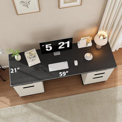IDEALHOUSE Farmhouse Executive Desk, 59" Computer Desk, White Home Office Desks with File Drawer and Storage Cabinet, Wood Writing Desks for Home Office, Bedroom, White+Black