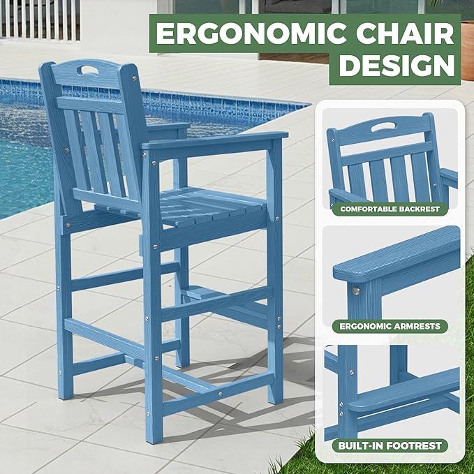 Outdoor Patio Bar Height Chair, All-Weather HDPE Tall Balcony Adirondack Stools for Bistro, Garden, Backyard, Deck | Blue
