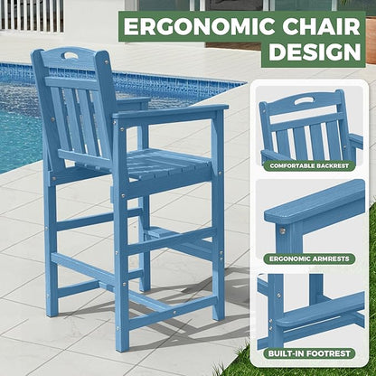 Outdoor Patio Bar Height Chair, All-Weather HDPE Tall Balcony Adirondack Stools for Bistro, Garden, Backyard, Deck | Blue