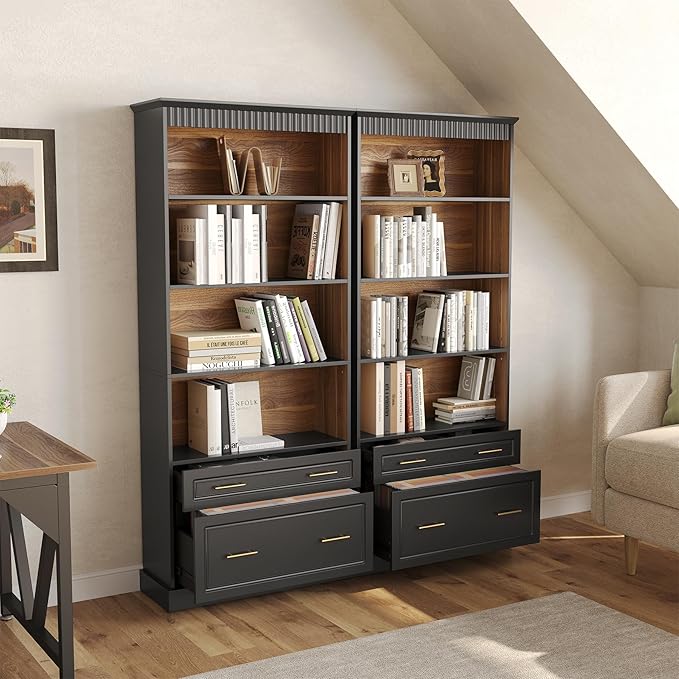 LITTLE TREE 72" Tall Black Bookcase, 5-Tier Office Bookself with File Cabinet Drawers,Modern Floor Standing Storage Filing Cabinet Book Shelf for Living Room,Bedroom