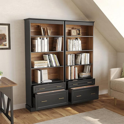 LITTLE TREE 72" Tall Black Bookcase, 5-Tier Office Bookself with File Cabinet Drawers,Modern Floor Standing Storage Filing Cabinet Book Shelf for Living Room,Bedroom