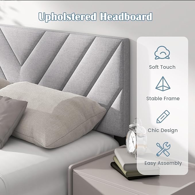 KOMFOTT Linen Fabric Upholstered Headboard for Full/Queen Size Bed, Rectangular Headboard with Solid Wood Legs & Adjustable Width, Padded Full/Queen Bed Headboard, Easy Assembly, Gray