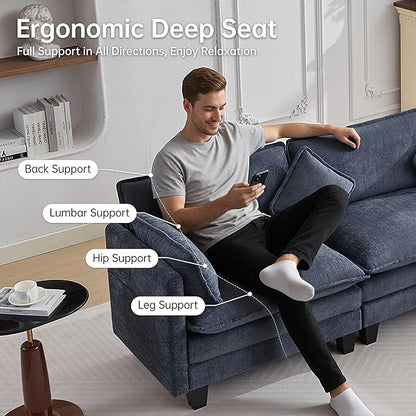 108" Modular Sectional Couches for Living Room with Ottoman, L Shaped Cloud Couch with Charger, USB & Type-c Port, Comfy 4 Seats Sofas with Deep Seat, Chenille Fabric, Blue