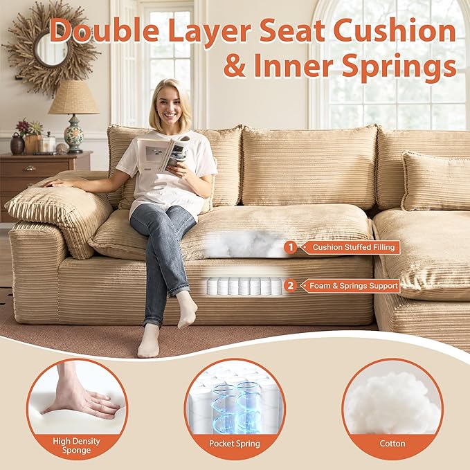 113 in Oversized Cloud Sofa with L Shape Chaise, Sectional Couches for Living Room, Assembly Free Modular Comfy Corduroy Sofa with Right Facing Chaise Longue for Home Apartment (Right Chaise, Beige)