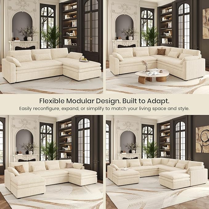 Belffin Large Modular Sectional Sofa with Double Deep Chaise, 104" Corduroy U Shaped Couch with 9" Soft Dual-Layer Seats Cushion Sectional Couches for Living Room, Apartment, Beige