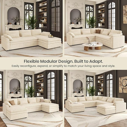 Belffin Large Modular Sectional Sofa with Deep Chaise, Corduroy U Shaped Couch with 9" Soft Dual-Layer 7 Seats Cushion for Living Room, Apartment, Beige
