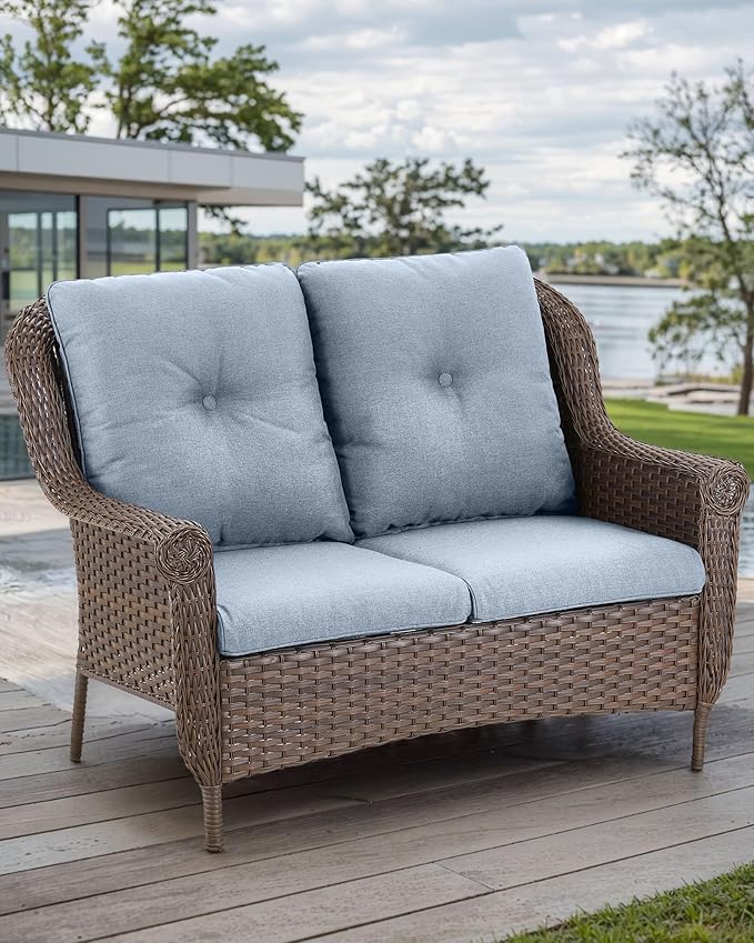 Patio Loveseat Outdoor Wicker Sofa - Heavy Duty All-Weather Brown Rattan 2-Person Sofas with High Back and Comfortable Thick Cushions for Garden Back Porch Poolside Apartment - Baby Blue