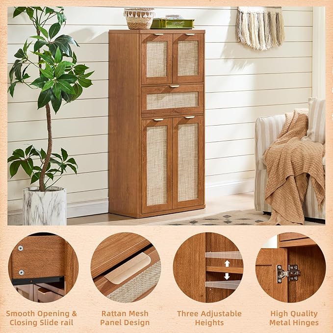 LEYAOYAO 48" Tall Storage Cabinet,Rattan Bathroom Floor Cabinets with 4 Doors & 1Drawer,Boho Kitchen Pantry with Adjustable Shelves,Wooden Cupboard for Living Room,Home Office,Dining,Brown