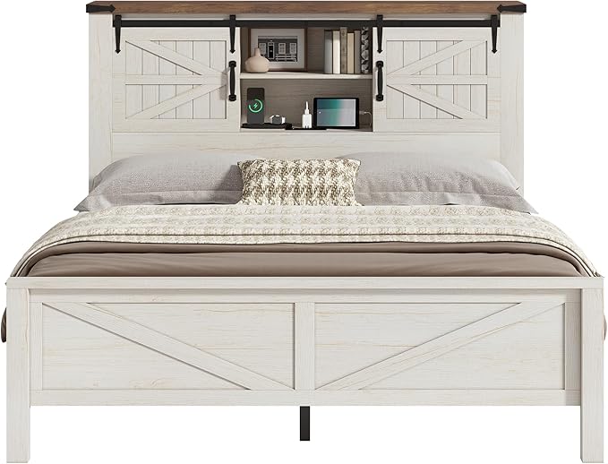 AMERLIFE Farmhouse Queen Bed Frame with Storage Headboard & Charging Station, Rustic Wood Platform Bed with Barn Door Bookcase, No Box Spring Needed, Antique White Bedroom Furniture