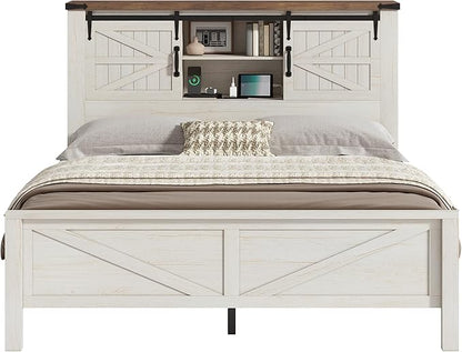 AMERLIFE Farmhouse Queen Bed Frame with Storage Headboard & Charging Station, Rustic Wood Platform Bed with Barn Door Bookcase, No Box Spring Needed, Antique White Bedroom Furniture