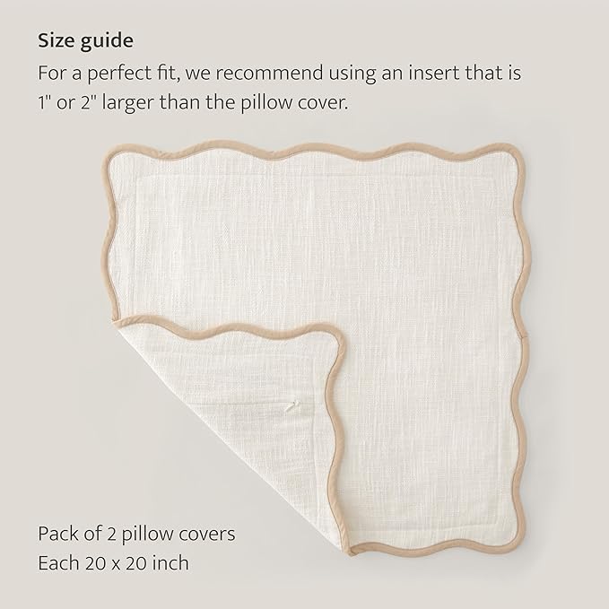 Double Stitch Scalloped Throw Pillow Covers - 100% Cotton Set of 2 Decorative Boho Pillow Covers 20 x 20, Made in India, Square Cushion Case, Modern Home Decor for Couch Sofa Living Room, Cream