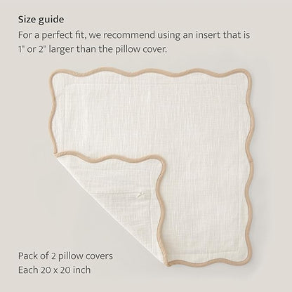 Double Stitch Scalloped Throw Pillow Covers - 100% Cotton Set of 2 Decorative Boho Pillow Covers 20 x 20, Made in India, Square Cushion Case, Modern Home Decor for Couch Sofa Living Room, Cream
