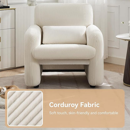 Corduroy Fabric Accent Chair, Modern Upholstered Living Room Chairs with Lumbar Pillow, Wide Comfy Leisure Armchair for Bedroom, Office, Reading, White