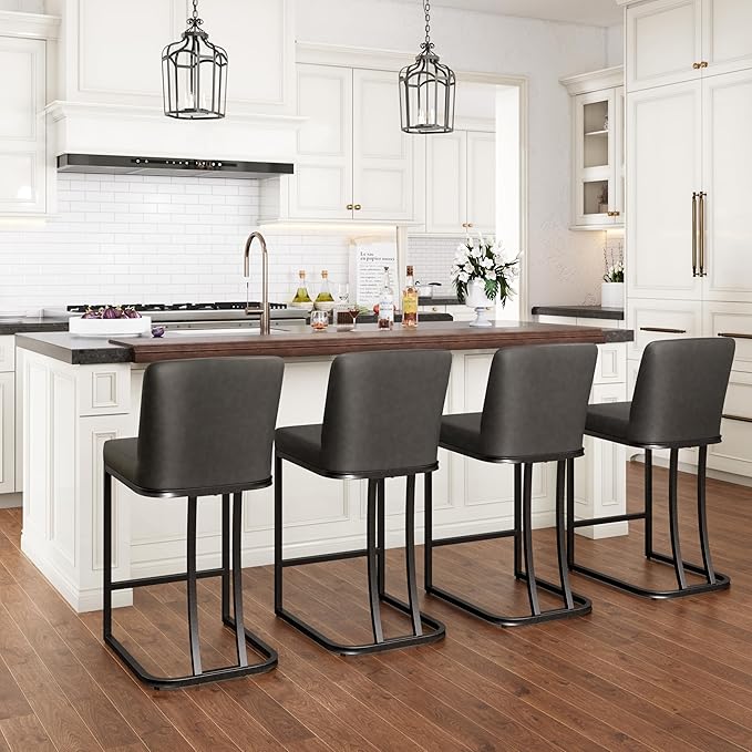 PHI VILLA Dark Grey Bar Stools Set of 2, Faux Leather Counter Height Chairs, Kitchen Stools for Island, 24 Inch Barstools with Back