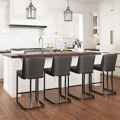 PHI VILLA Dark Grey Bar Stools Set of 2, Faux Leather Counter Height Chairs, Kitchen Stools for Island, 24 Inch Barstools with Back