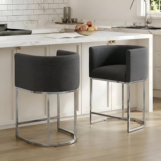 Contemporary Charcoal Linen Bar Stools Set of 2, 24" Upholstered Fabric Counter Height Barstools Kitchen Counter Island Stools with Screwed Together Chrome Finish Base