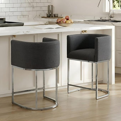 Contemporary Charcoal Linen Bar Stools Set of 2, 24" Upholstered Fabric Counter Height Barstools Kitchen Counter Island Stools with Screwed Together Chrome Finish Base