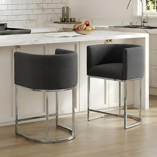 Contemporary Charcoal Linen Bar Stools Set of 2, 24" Upholstered Fabric Counter Height Barstools Kitchen Counter Island Stools with Screwed Together Chrome Finish Base